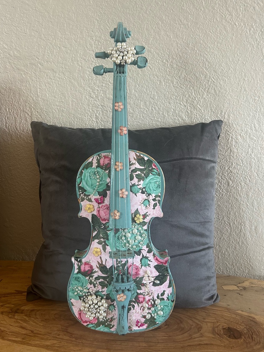 Altered Art Violin Mixed Media Floral Wall Decor Shabby Chic Upcycled Sculpture